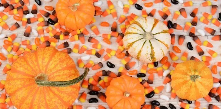 Кратка история на Candy Corn 10 Сладка царевица, намазана сред различни тикви, включително тикви.